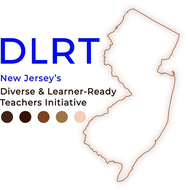 Logo: DLRT. New Jersey’s Diverse & Learner-Ready Teachers Initiative. Five circles of different colors representing the state’s ethnoracial diversity next to the outline of the state of New Jersey.